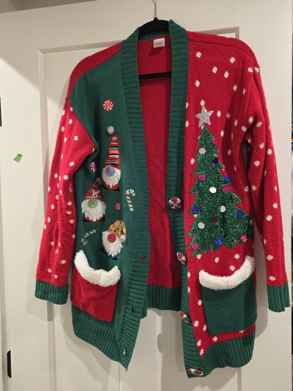 Holiday Time Red & Green Christmas Tree Gnome Cardigan
